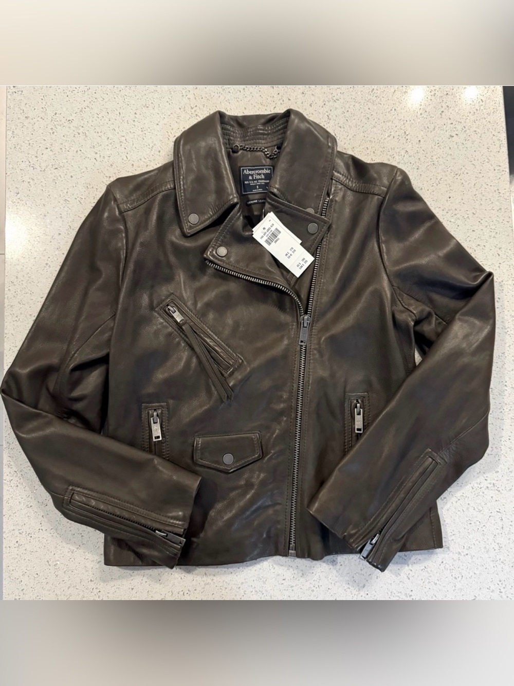 NWT Abercrombie & Fitch Genuine Leather Moto Jacket Brown Small - Picture 2 of 11